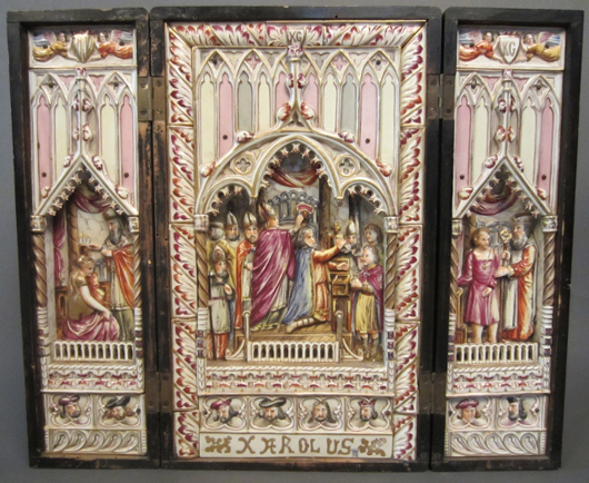 18th-century majolica triptych reliquary, 20 inches wide by 16¾ inches high. Sterling Associates image.