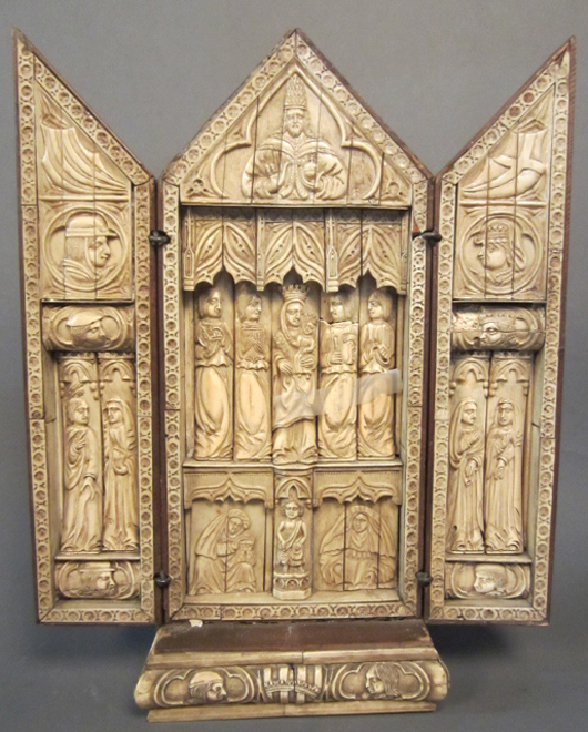 16th-century German wood and carved-bone triptych reliquary, 15¼ inches wide by 19 inches high. Sterling Associates image.