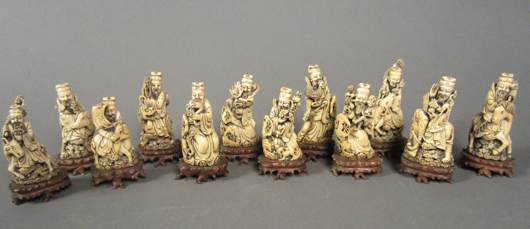 Set of 12 Chinese carved-ivory lohan figures representing zodiac years, 18th century or earlier. Sterling Associates image.