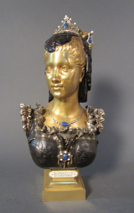 Vincent Desire Faure de Brousse (French, 19th century) bust of ‘Raphaella.’ Dore, silvered and patinated bronze with lapis lazuli and ivory decoration, 26 inches high. Sterling Associates image.