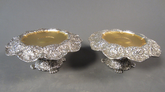 Pair of Tiffany & Co. repousse sterling silver with gilt compotes, stamped on bottom. Sterling Associates image.