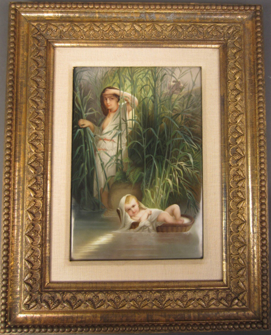 Framed KPM hand-painted porcelain plaque of baby Moses and woman in the reeds, 12 x 8 inches. Sterling Associates image.