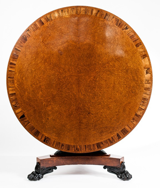 Edenbridge furniture dealer and 'Antiques Roadshow' expert Lennox Cato will be asking £24,000 ($38,000) for this Regency crossbanded amboyna wood tip-top center table in the manner of George Smith at the LAPADA Fair. Image courtesy Lennox Cato and LAPADA.