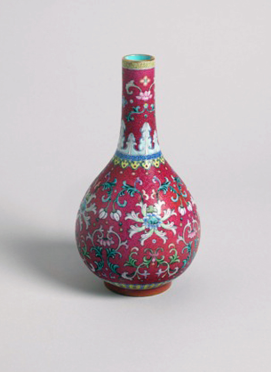This famille rose Qing dynasty ruby ground porcelain vase, Qianlong mark and period, 1736-1795, will be on display at Eskenazi in Clifford Street as part of Asian Art in London in November. Image courtesy Eskenazi Ltd.