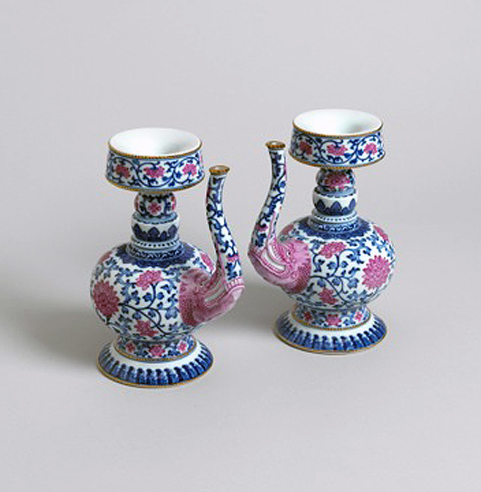 London Asian art dealers Eskenazi’s forthcoming exhibition of Qing porcelain in November will include this pair of underglaze blue and pink enameled porcelain ewers, Qing dynasty, Qianlong marks and of the period, 1736-1795. Image courtesy Eskenazi Ltd.