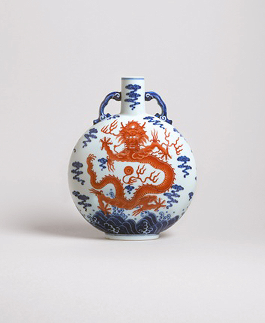 An underglaze blue and iron-red porcelain flask, Qing dynasty, Qianlong mark and period, 1736-1795, to be shown by Eskenazi as part of Asian Art in London. Image courtesy Eskenazi Ltd. 