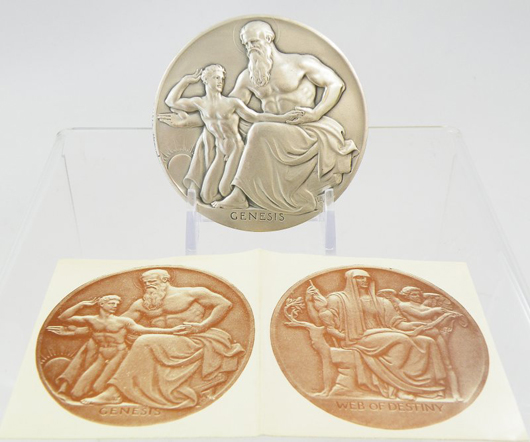 Adolph Weinman was commissioned to create the 1949 (lot 39) medal that depicts Genesis on its obverse and the Web of Destiny on its reverse. Blue Moon Coins image.