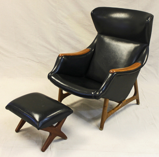 Mid-century modern Dux Inc. teak and vinyl chair and ottoman. M.G. Neely Auction Gallery image.