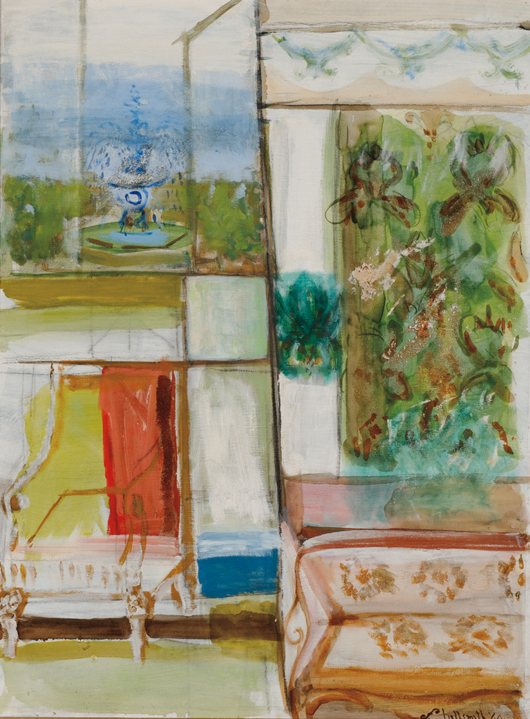 Fannie Hillsmith (American, 1911-2007) ‘The Villa,’ signed and dated ‘F. hillsmith '60,’ tempera on panel, 27 3/4 x 20 3/4 inches, framed. Estimate: $1,000-$1,500. Skinner Inc. image.