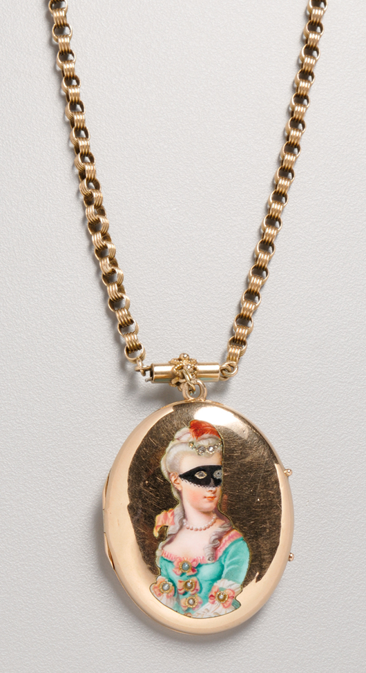 Victorian 14kt gold and enamel portrait locket, on 10kt gold chain. Estimate: $300-$500. Skinner Inc. image. 