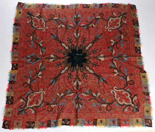Kashmir shawl, multicolored, signed at center, 69 inches square. Estimate:$300-$500. Skinner Inc. image.