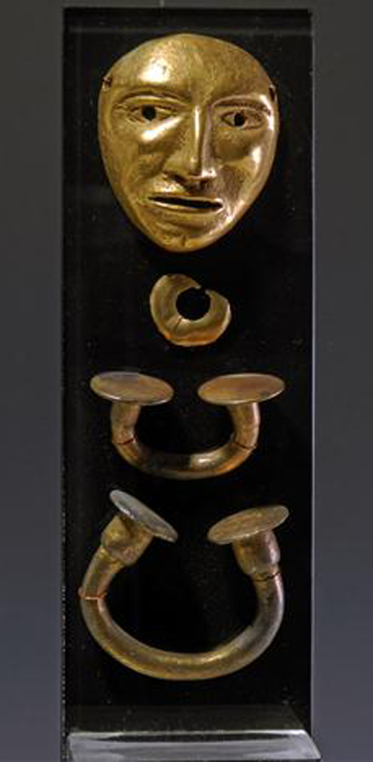 Quimbaya gold group, pre-Columbian, Quimbaya culture, Colombia, circa 1000 A.D. Estimate: $5,000-$7,000. Antiquities Saleroom.com image. 