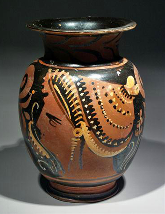 Greek Apulian mug by the White Saccos Painter, South Italic, Greek, circa 320 B.C. Estimate $3,000-$3,500. Antiquities Saleroom.com image.