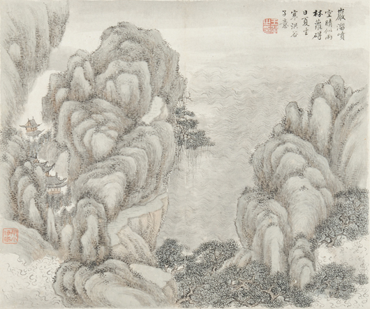 Painting album, one of eight pages, China, ink and color on paper, attributed to Wang Hui (1632-1717), each depicting a landscape, bears signature, 14 1/2 x 12 inches. Estimate: $100,000-$150,000. Skinner Inc. image.   