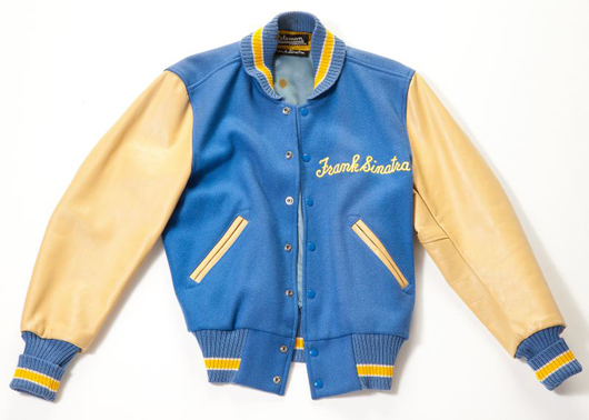 ‘Chargers’ is stitched across the back and ‘Frank Sinatra’ on the breast of Old Blue Eyes’ wool jacket. Image courtesy Leland Little Auction & Estate Sales Ltd.  