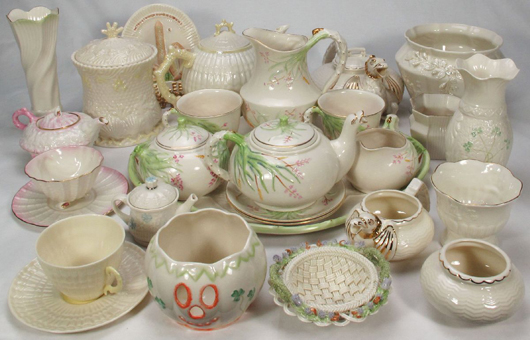 Over 45 pieces of Belleek. Shelley's Auction Gallery image.
