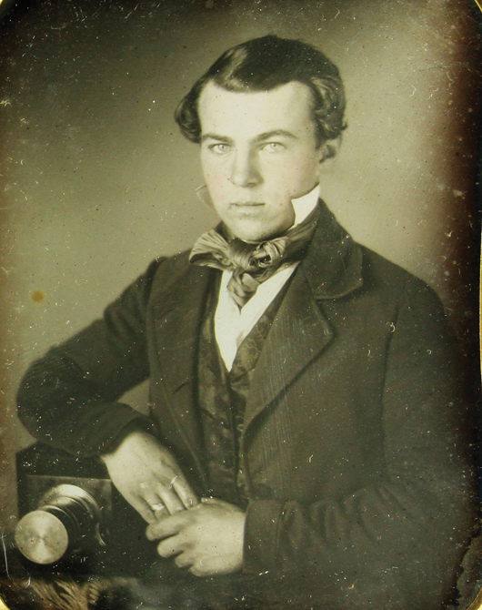 Daguerreotype, one-fourth plate, occupational of a young photographer sitting beside his camera, full leather case, 4 1/2 inches x 3/5 inches. Estimate: $5,000-$7,000. Kaminski Auctions image.