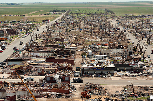 Greensburg, Kan., 12 days after it was hit by an F5 tornado with 200 mph winds on May 4, 2007. Image courtesy Wikimedia Commons.