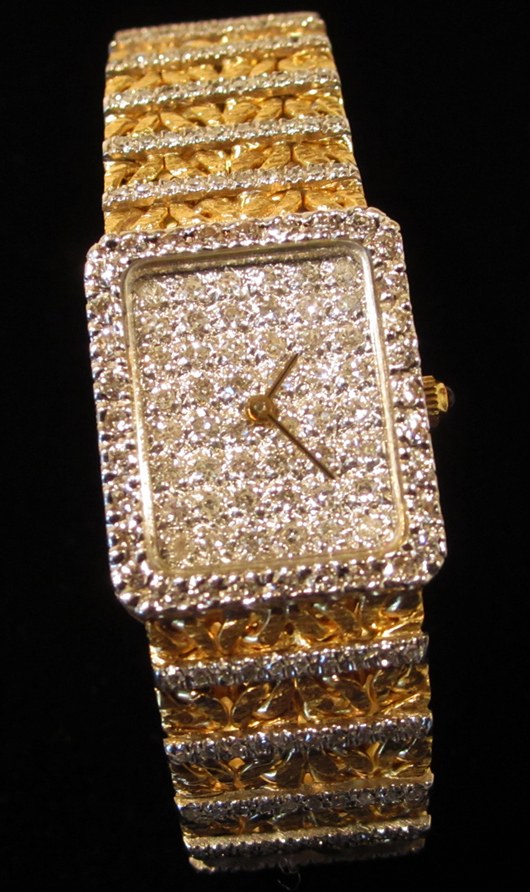 Ladies Lucien Picard 18K yellow gold and diamond watch with braided gold bracelet and 48 pavé-set diamonds on face, 32 diamonds on bezel, 240 diamonds on bracelet. Approx. 4 cttw. Retains original inner and outer box. Est. $2,200-$3,000. WatchAuctionHQ image.
