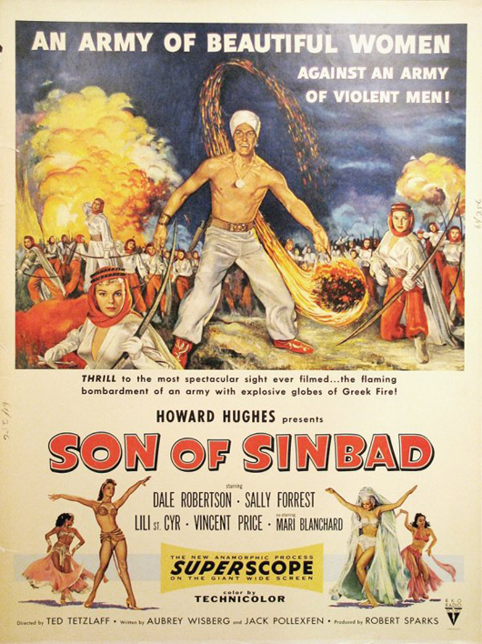 Zamparelli designed posters for movies produced by Howard Hughes, including 'Son of Sinbad' in 1955. Image courtesy LiveAuctioneers.com Archives and The Last Moving Picture Co.