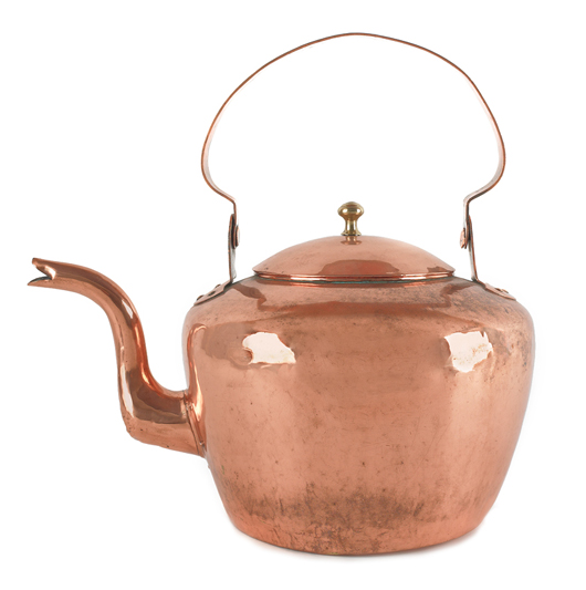 Philadelphia stamped copper kettle by D. Bentley. Estimate: $500-$1,000. Pook & Pook Inc. image.