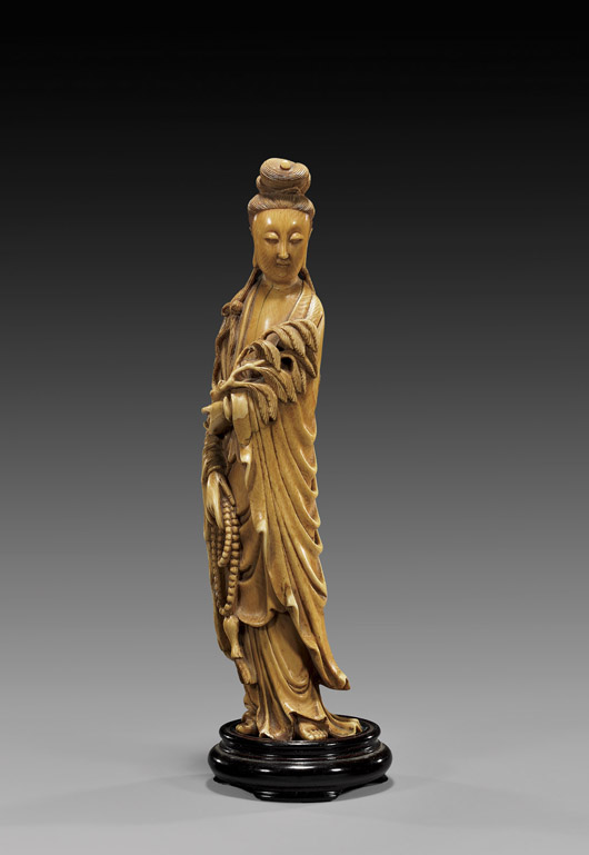 Chinese carved-ivory figure of Guanyin, late 19th century, 10½ inches high. Est. $1,000-$1,250. I.M. Chait image.   