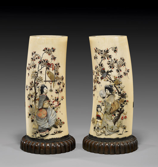 Pair of rare antique Japanese Shibayama carved and appliquéd ivory tusks, 10½ inches high. Est. $4,000-$6,000. Antique Shibayama ivory tusks
