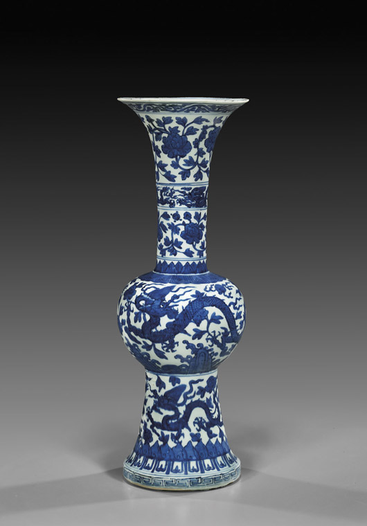 Important Chinese 16th-century Ming Dynasty Wanli dragon vase of gu form, 21¼ inches high. Est. $50,000-$60,000. I.M. Chait image.