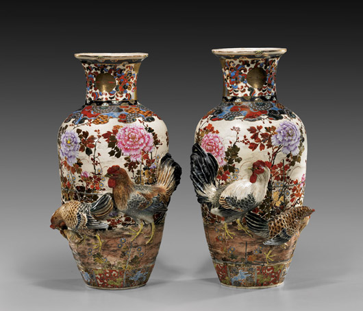 Two antique Japanese Satsuma floral vases, circa 1900, 21¾ inches high. Est. $1,500-$2,000 (lot). I.M. Chait image.