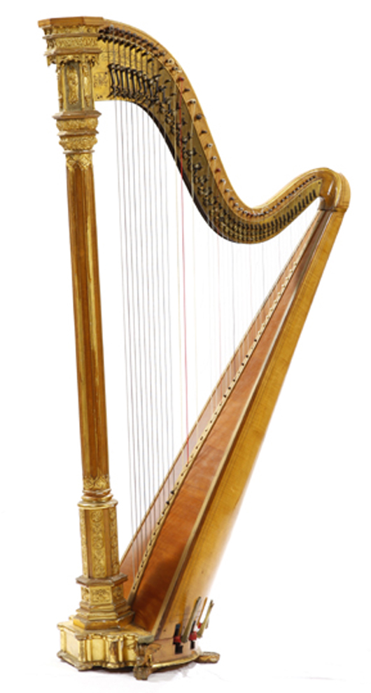 Parcel gilt, gesso and maple parlor harp made by Sebastian and Pierre Erard, London. Crescent City Auction Gallery image.