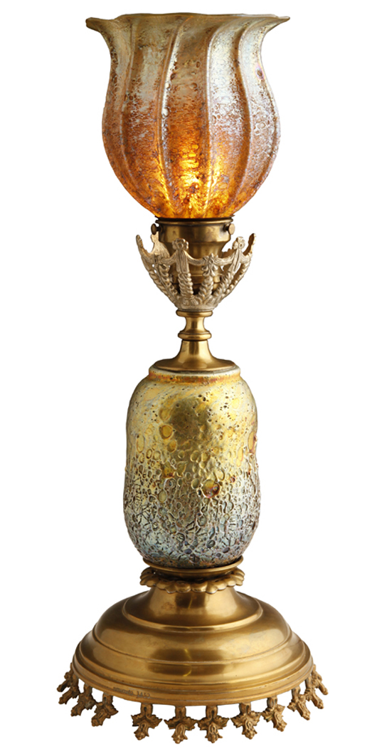 Rare and unusual Tiffany lava glass lamp, circa 1900, 21 1/2 inches tall, etched 'L.C.T.' Crescent City Auction Gallery image.