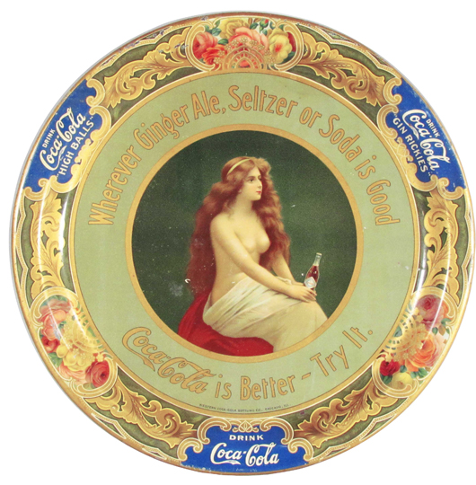 Rare Coca-Cola tray from 1908 depicting a partially clad young woman. Estimate: $5,000-$10,000. Showtime Auction Services image.