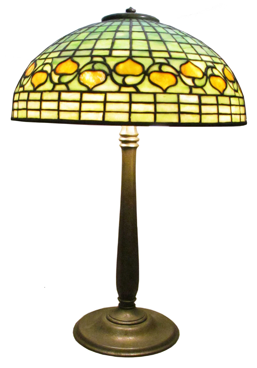 Beautiful and rare Tiffany lamp with both shade and base marked. Estimate: $10,000-$15,000. Showtime Auction Services image.