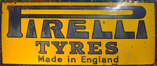 Large tin Pirelli Tyres trade sign: $360. Woodbury Auction image.