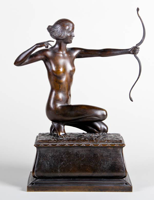 Frank Lynn Jenkins Bronze (American, 1870-1927), 'The Huntress,' bronze figurative nude archer statue, inscribed: ROMAN BRONZE WORKS N.Y. /  Lynn Jenkins / SC. 1921 (No 2. rep) ©. Estimate $2,000-$3,000. Material Culture image. 