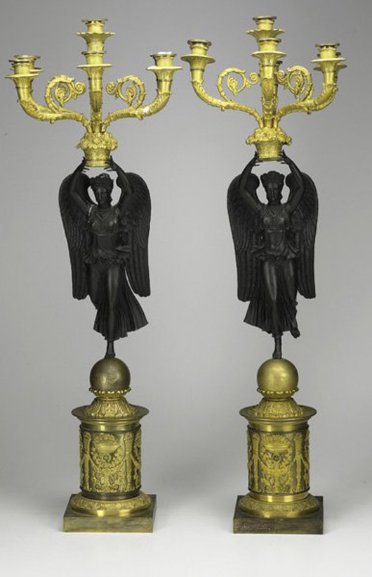 Pair of French dore bronze candelabra: $13,750. Rago Arts and Auction Center image.