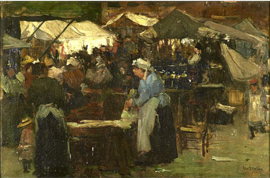 Nineteenth century European genre scene oil on panel of a market scene: $17,500. Rago Arts and Auction Center image.