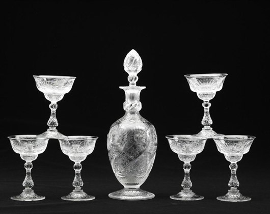 George Woodall / Thomas Webb rock crystal decanter and six glasses: $15,000. Rago Arts and Auction Center image.