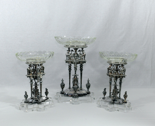 Nineteenth century Classical Revival-style silverplate table garniture set, 14 inches and 11 inches high. Estimate: $45,000-$67,500. Golden State Auction Gallery image.