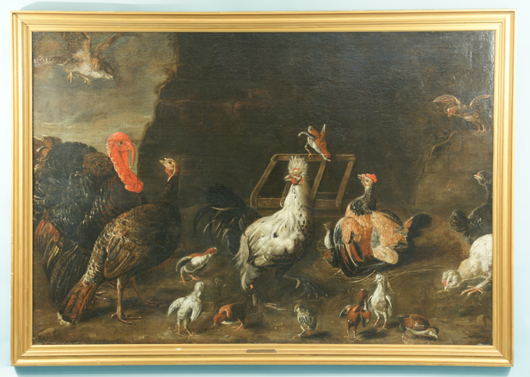 Lot 60 is a large 17th century oil on canvas of a barnyard scene, School of Melchior d’Hondecoeter. Estimate: $35,000-$45,000. Lewis & Maese Antiques and Auctions.