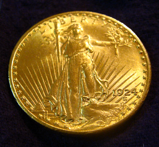 This beautiful and highly collectible 1924 gold coin is one of hundreds of gold and silver coins to be sold. Tim’s Inc. Auctions.