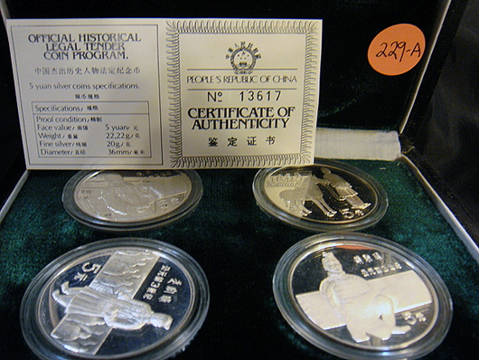 One of 29 sets of silver Chinese 5-yuan coins, honoring Chinese nobility, and highly collectible. Tim’s Inc. Auctions.
