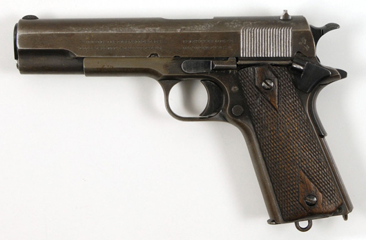 Clyde Barrow’s Colt Model 1911 Government Model semi-automatic pistol, removed from his waistband after the ambush by Texas and Louisiana lawmen on May 23, 1934. Estimate: $150,000-$200,000. RR Auction image.