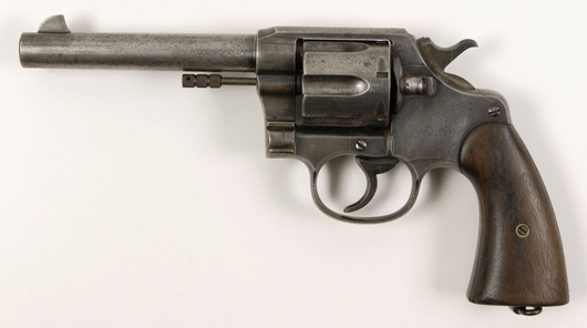 Colt New Service Model 1909 Double-Action revolver found in the car driven by Clyde Barrow on the day they died. Estimate: $30,000-$40,000. RR Auction image.
