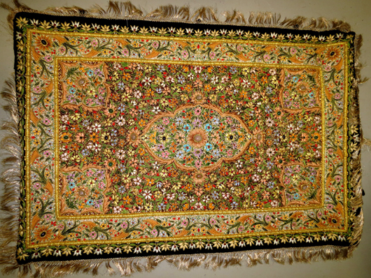 Handmade gold-embroidered tapestry with stones, 48 x 30 inches. Est. $3,000-$6,000. Image courtesy of Carstens Galleries.