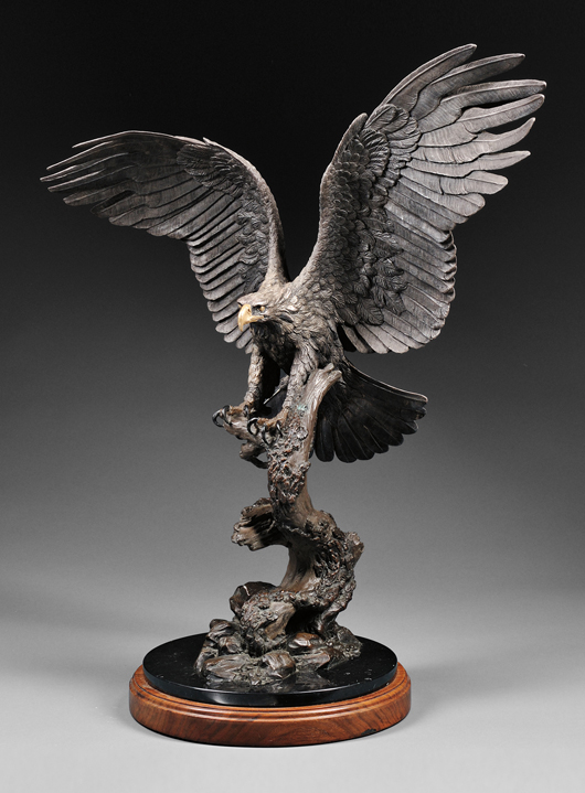 Steve Retzlaff (American, 20th/21st century), ‘Freedom,’ cast .999 silver, on marble and walnut base, total height 34 inches. Estimate: $8,000-$12,000. Skinner Inc. image.  