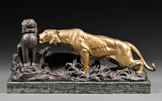 Georges Gardet (French, 1863-1939), ‘Lioness Discovering a Foo Dog,’ cast gilt bronze, on a marble base, 13 x 25 inches. Estimate: $3,000-$5,000. Skinner Inc. image. 