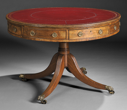 Regency mahogany drum table, England, early 19th century, gilt-tooled red leather-inset top, diameter 44 1/4 inches. Estimate: $2,000-$4,000. Skinner Inc. image.