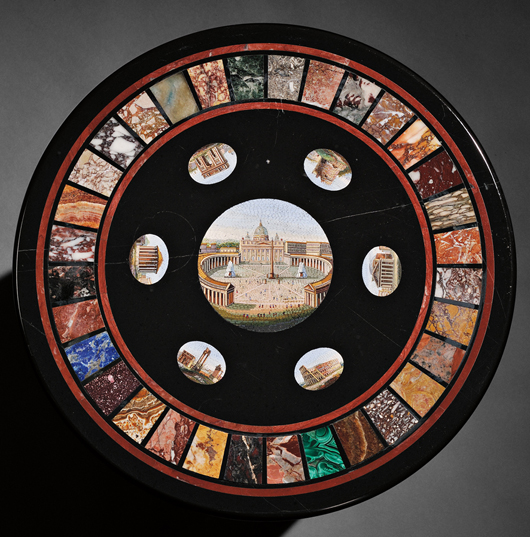 Italian micromosaic tabletop, with central roundel depicting St. Peter's Square, encircled by six roundels of scenes of Rome, diameter 20 3/4 inches. Estimate: $6,000-$8,000. Skinner Inc. image.