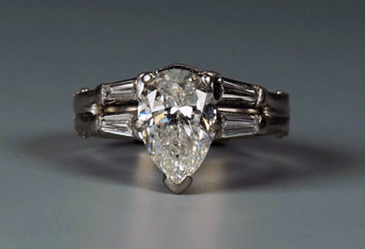 This ladies diamond wedding set with 2.03-carat pear-shape diamond in platinum and baguette setting is one of several fine jewelry lots in the auction. It is estimated at $9,000-$12,000. Case Antiques Auction image.